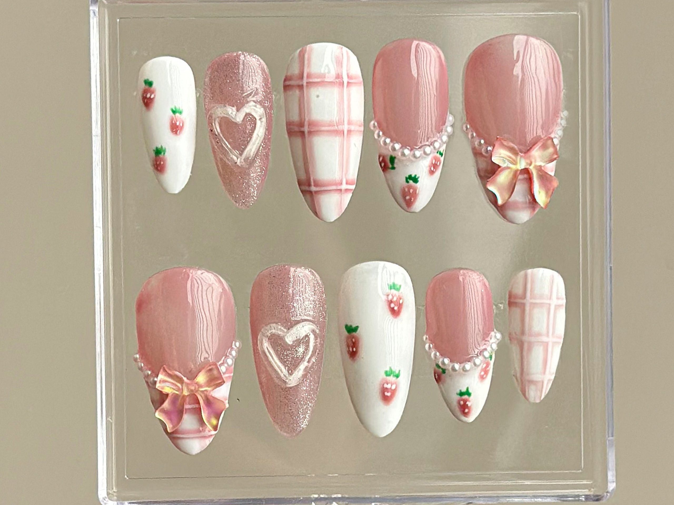 Pink Strawberry Heart Press On Nails