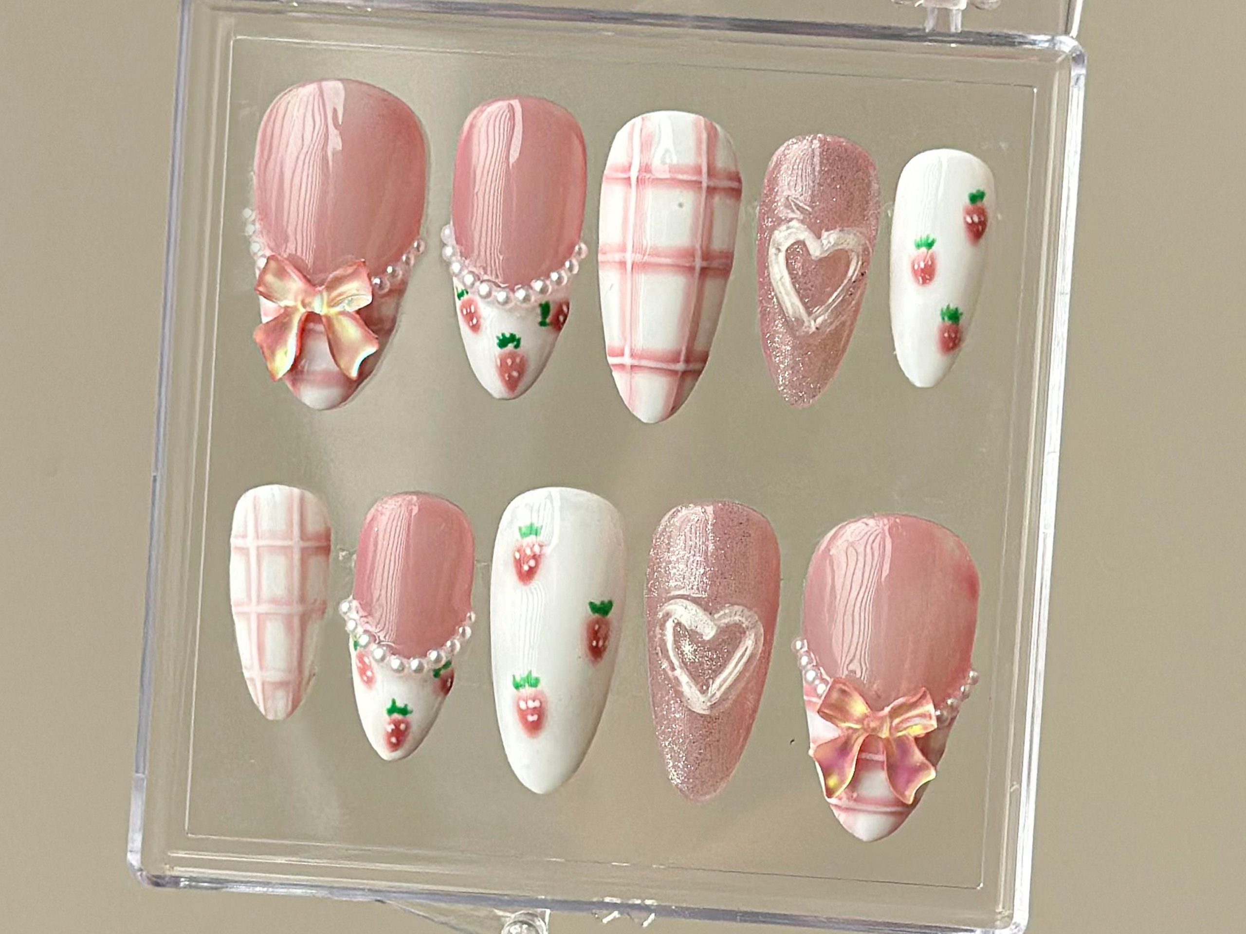 Pink Strawberry Heart Press On Nails