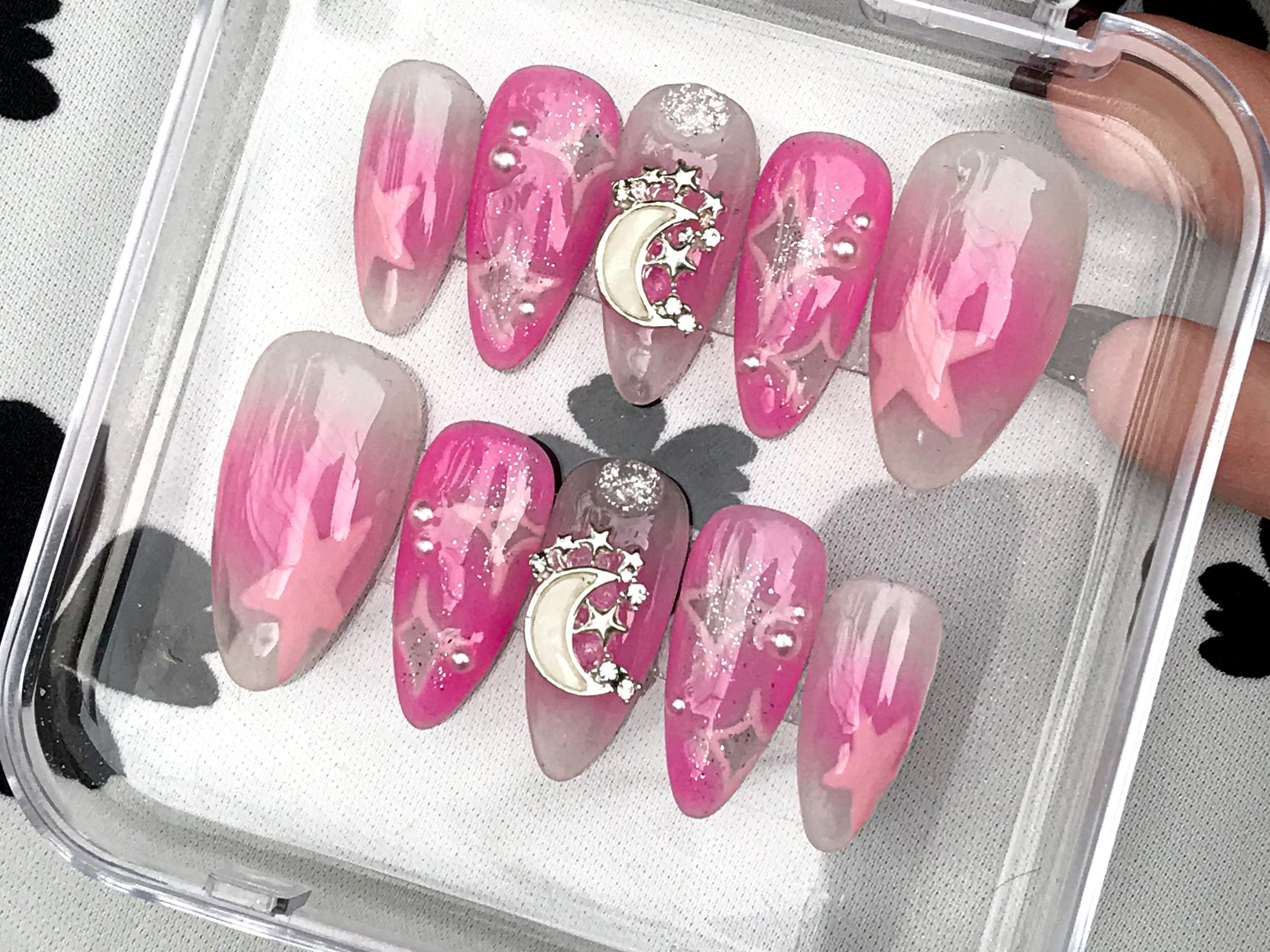 Moonlight Starry Pink Press On Nails